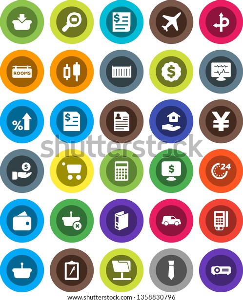 White Solid Icon Set- house hold vector, japanese
candle, percent growth, investment, annual report, calculator,
binder, dollar medal, personal information, tie, monitor, yen sign,
route, plane, car