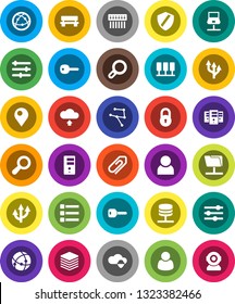 White Solid Icon Set- internet vector, connection, network, server, notebook, folder, cloud shield, big data, equalizer, menu, hub, bench, upload, route arrow, attachment, lock, user, key, pin