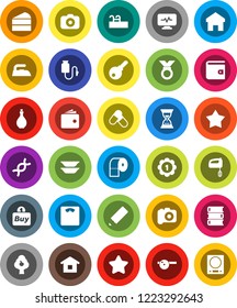 White Solid Icon Set- iron vector, toilet paper, oil, plates, cake, book, pencil, wallet, sand clock, scales, medal, pills, camera, dna, eye doctor hat, diagnostic monitor, drop counter, home, pool