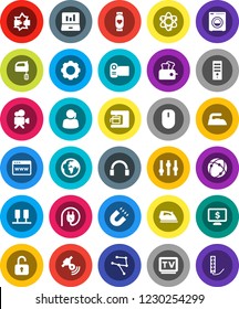 White Solid Icon Set- iron vector, mixer, atom, magnet, laptop graph, monitor dollar, heart, earth, support, satellitie, settings, tv, video camera, headphones, connection, network, server, browser