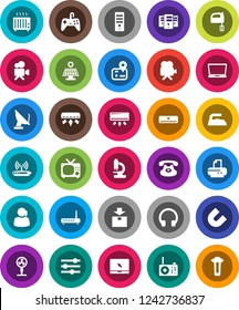 White Solid Icon Set- iron vector, mixer, magnet, navigator, support, package, video camera, headphones, notebook pc, classic phone, microscope, server, equalizer, solar panel, air conditioner, fan