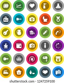 White Solid Icon Set- iron vector, steaming, toilet, sprayer, plates, jug, graph, wallet, tie, medal, pool, port, flammable, camera, heart, syringe, loading, key, cottage, buy, home, password, mixer