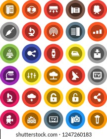 White Solid Icon Set- iron vector, table lamp, molecule, heart monitor, package, sorting, satellite antenna, settings, tv, video camera, social media, jack, microscope, cloud network, firewall, hub