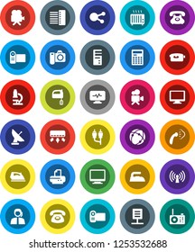 White Solid Icon Set- iron vector, steaming, mixer, microscope, calculator, phone, support, video camera, monitor, social media, rca, diagnostic, connection, hub, network document, wireless, printer