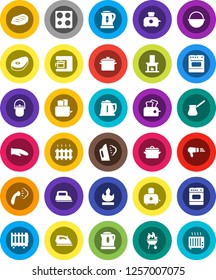 White Solid Icon Set- iron vector, steaming, pan, camping cauldron, kettle, cook glove, turk coffee, toaster, oven, bbq, steak, flammable, fireplace, heating, maker, hair dryer, heater