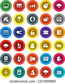 White Solid Icon Set- iron vector, microscope, world, laptop graph, satellite, sorting, video camera, classic phone, social media, speaker, rca, tomography, tooth implant, cloud exchange, browser