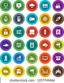 White Solid Icon Set- iron vector, mixer, atom, flask, monitor dollar, heart, navigator, gamepad, equalizer, notebook pc, classic phone, speaker, hdmi, server, network, cloud lock, lan connector