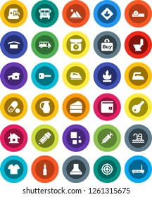 White Solid Icon Set- iron vector, toilet, jug, cake, oil, pencil, school bus, wallet, target, pills, pool, dry cargo, flammable, syringe, eye doctor hat, loading, key, house, cottage, mountain, buy