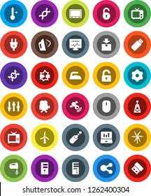 White Solid Icon Set- iron vector, steaming, mixer, thermometer, laptop graph, package, antenna, satellitie, tv, settings, video camera, jack, dna, diagnostic monitor, disconnection, server, gear