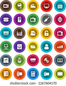White Solid Icon Set- iron vector, mixer, microwave oven, calculator, flask, laptop graph, heart monitor, support, sorting, satellitie, tv, equalizer, video camera, classic phone, jack, server
