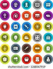 White Solid Icon Set- iron vector, mixer, oven, double boiler, blender, tv, windmill, air conditioner, ari condition, power plug, multi cooker, epilator, fan, kettle, heater, fireplace