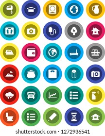White Solid Icon Set- iron vector, toilet, sprayer, paper, jug, pencil, school bus, graph, wallet, sand clock, scales, pool, earth, dry cargo, camera, drop counter, cloud exchange, house, fruit tree