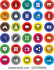 White Solid Icon Set- iron vector, washer, calculator, flask, monitor dollar, heart, navigator, package, radio, antenna, satellitie, equalizer, jack, microscope, tooth implant, network, server, tv