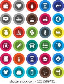 White Solid Icon Set- iron vector, toilet paper, oil, jug, cake, book, school bus, constellation, wallet, sand clock, tie, pool, earth, flammable, heart, syringe, pills, diagnostic monitor, router