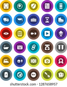 White Solid Icon Set- iron vector, bath, scales, skimmer, pasta, graduate hat, medal, personal information, clipboard, roller Skates, enegry drink, wood box, cinema clap, camera, microphone, link