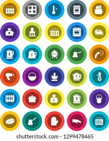 White Solid Icon Set- iron vector, steaming, pan, camping cauldron, kettle, cook glove, turk coffee, toaster, oven, thermometer, bbq, steak, flammable, fireplace, heating, hair dryer, heater