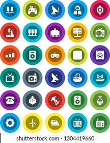 White Solid Icon Set- iron vector, flask, heart monitor, phone, support, package, sorting, radio, satellitie, tv, gamepad, speaker, rec button, server, network, gear, router, lan connector, windmill