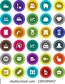 White Solid Icon Set- iron vector, steaming, toilet, brush, plates, cake, book, pencil, microscope, world, graph, sand clock, scales, medal, heart, home, cottage, pool, key, wallet, buy, power plug