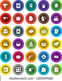 White Solid Icon Set- iron vector, steaming, pan, camping cauldron, kettle, cook glove, turk coffee, oven, thermometer, bbq, steak, flammable, fireplace, heating, maker, toaster, hair dryer