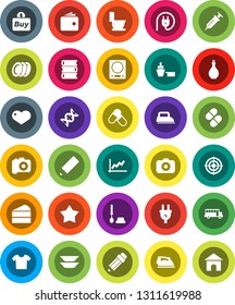 White Solid Icon Set- iron vector, toilet, brush, oil, plates, cake, book, pencil, school bus, graph, wallet, target, pills, port, camera, heart, dna, syringe, buy, clothes, star, power plug, home