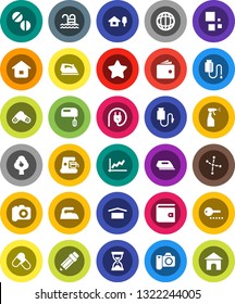 White Solid Icon Set- iron vector, sprayer, pencil, world, constellation, graph, wallet, sand clock, pills, pool, dry cargo, camera, drop counter, loading, chalet, fruit tree, star, home, password