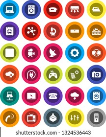 White Solid Icon Set- iron vector, steaming, washer, notebook pc, molecule, package, satellite antenna, gamepad, settings, video camera, classic phone, rec button, microscope, network, cloud lock