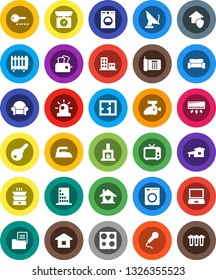 White Solid Icon Set- iron vector, oven, tv, cottage, plan, estate document, apartments, cushioned furniture, love home, fireplace, building, protect, password, washer, siren, meat grinder, toaster