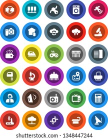 White Solid Icon Set- iron vector, steaming, washer, mixer, microscope, calculator, navigator, satellite, support, radio, satellitie, tv, gamepad, dna, tomography, server, cloud network, exchange