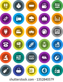 White Solid Icon Set- iron vector, microscope, magnet, flask, laptop graph, navigator, earth, package, equalizer, tv, remote control, classic phone, rca, hdmi, jack, dna, connection, cloud network