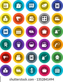 White Solid Icon Set- iron vector, steaming, pan, camping cauldron, kettle, turk coffee, toaster, oven, thermometer, bbq, steak, heating, maker, hair dryer, heater