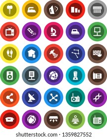 White Solid Icon Set- iron vector, steaming, molecule, sorting, satellitie, video camera, speaker, rca, dna, microscope, tooth implant, connection, network, notebook, firewall, hub, document, tv