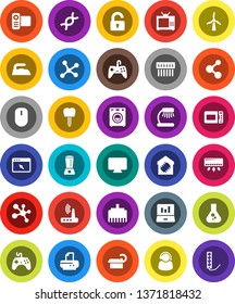 White Solid Icon Set- iron vector, table lamp, flask, laptop graph, molecule, gamepad, video camera, dna, tomography, tooth implant, network, browser, hub, router, lan connector, windmill, unlock