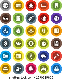 White Solid Icon Set- iron vector, water closet, meat hammer, school building, world, dollar growth, personal information, sign, stopwatch, medal, no hook, gamepad, video camera, monitor, group, rca