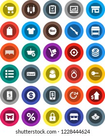White Solid Icon Set- japanese candle vector, laptop graph, crisis, dollar growth, target, gift, coin, new, closed, 24 hour, shopping bag, percent, market, store, support, barcode, basket, cart