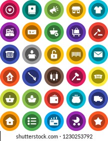 White Solid Icon Set- japanese candle vector, wallet, crisis, dollar growth, office, barcode, sale, cashbox, receipt, basket, home, auction, trolley, delivery, mail, catalog, loudspeaker, unlock