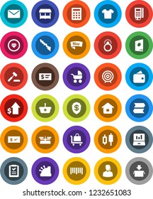 White Solid Icon Set- japanese candle vector, laptop graph, crisis, dollar growth, target, barcode, wallet, new, market, support, card reader, cashbox, basket, home, shopping list, calculator, mail