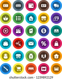 White Solid Icon Set- japanese candle vector, wallet, crisis, percent growth, office, gift, credit card, dollar coin, cash, money bag, closed, shopping, store, support, barcode, cashbox, basket