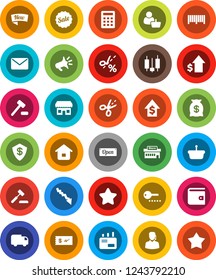 White Solid Icon Set- japanese candle vector, wallet, crisis, dollar growth, star, money bag, sale, new, open, store, mall, customer, support, barcode, basket, home, calculator, auction, delivery