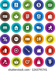 White Solid Icon Set- japanese candle vector, wallet, crisis, percent growth, dollar, barcode, coin, cash, new, 24 hour, shopping bag, mall, card reader, cashbox, receipt, basket, auction, delivery