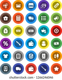 White Solid Icon Set- japanese candle vector, wallet, crisis, target, barcode, credit card, dollar coin, cash, money bag, sale, open, percent, market, support, basket, home, shopping list, delivery