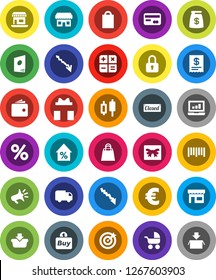 White Solid Icon Set- japanese candle vector, laptop graph, wallet, crisis, percent growth, euro sign, office, barcode, gift, credit card, money bag, closed, shopping, store, target, buy, receipt