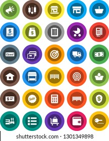 White Solid Icon Set- japanese candle vector, wallet, target, office, barcode, credit card, cash, money bag, sale, closed, market, store, mall, reader, receipt, basket, home, shopping list, trolley