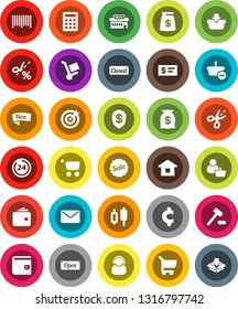 White Solid Icon Set- japanese candle vector, wallet, cent sign, money bag, sale, new, open, closed, 24 hour, mall, customer, support, target, barcode, basket, cart, home, calculator, auction, mail