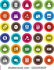 White Solid Icon Set- japanese candle vector, percent growth, target, barcode, dollar coin, sale, new, 24 hour, shopping bag, market, mall, customer, buy, card reader, cashbox, basket, calculator