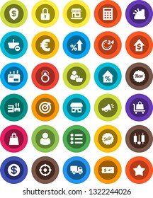 White Solid Icon Set- japanese candle vector, percent growth, dollar, euro sign, office, coin, sale, new, 24 hour, shopping bag, store, mall, customer, target, cashbox, basket, calculator, trolley