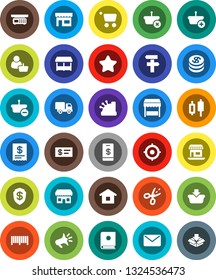White Solid Icon Set- japanese candle vector, target, office, dollar coin, star, market, store, customer, barcode, cashbox, receipt, basket, cart, home, delivery, mail, catalog, loudspeaker, check
