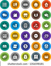 White Solid Icon Set- japanese candle vector, laptop graph, percent growth, dollar, office, barcode, credit card, coin, cash, money bag, new, open, target, buy, cashbox, basket, home, shopping list