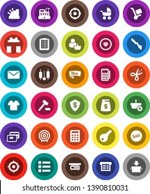 White Solid Icon Set- japanese candle vector, crisis, target, gift, credit card, money bag, sale, new, customer, reader, cashbox, receipt, basket, shopping list, calculator, auction, trolley, mail