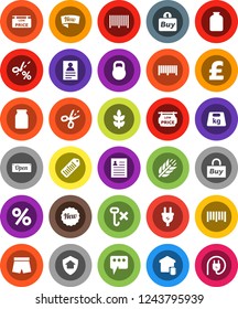 White Solid Icon Set- jar vector, personal information, pound, shorts, cereals, no hook, weight, barcode, message, low price signboard, smart home, protect, new, open, percent, buy, coupon
