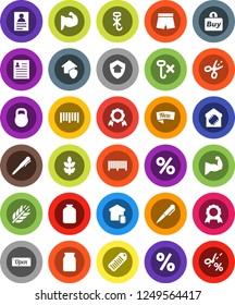 White Solid Icon Set- jar vector, pen, medal, personal information, muscule hand, shorts, cereals, no hook, weight, barcode, smart home, protect, new, open, percent, buy, coupon